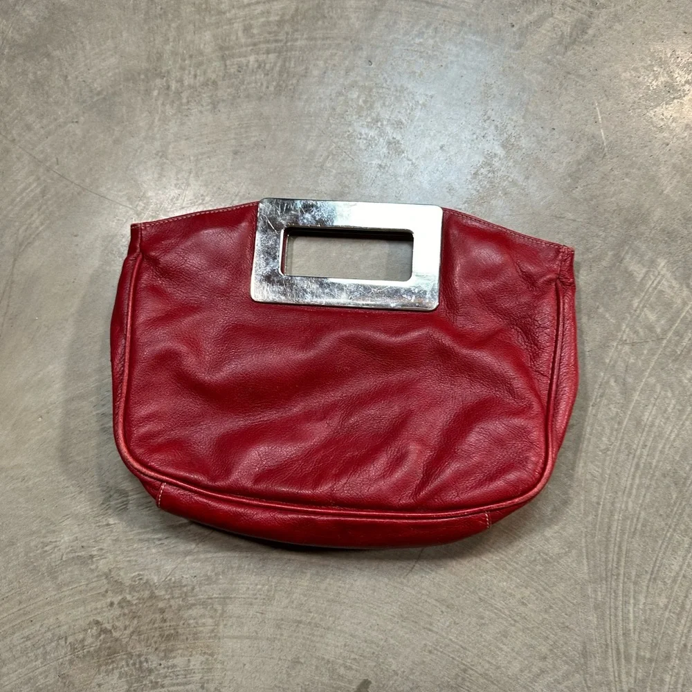 Christopher Kon Canadian Designer Red Leather Clutch with Heavy Metal Handle - Picture 5 of 13